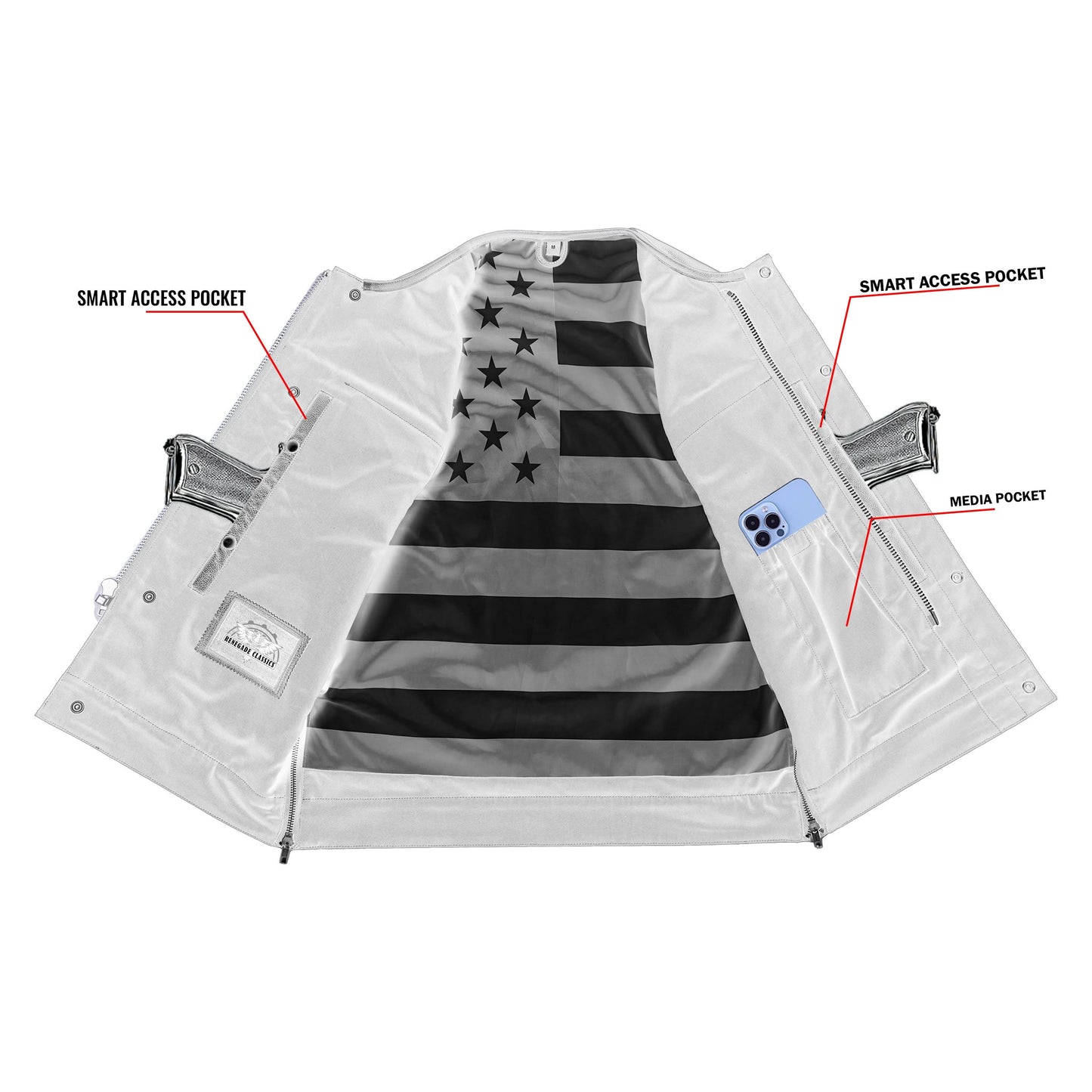 Men's Banded Collar Leather Vest with USA Flag Lining & Red Stitching