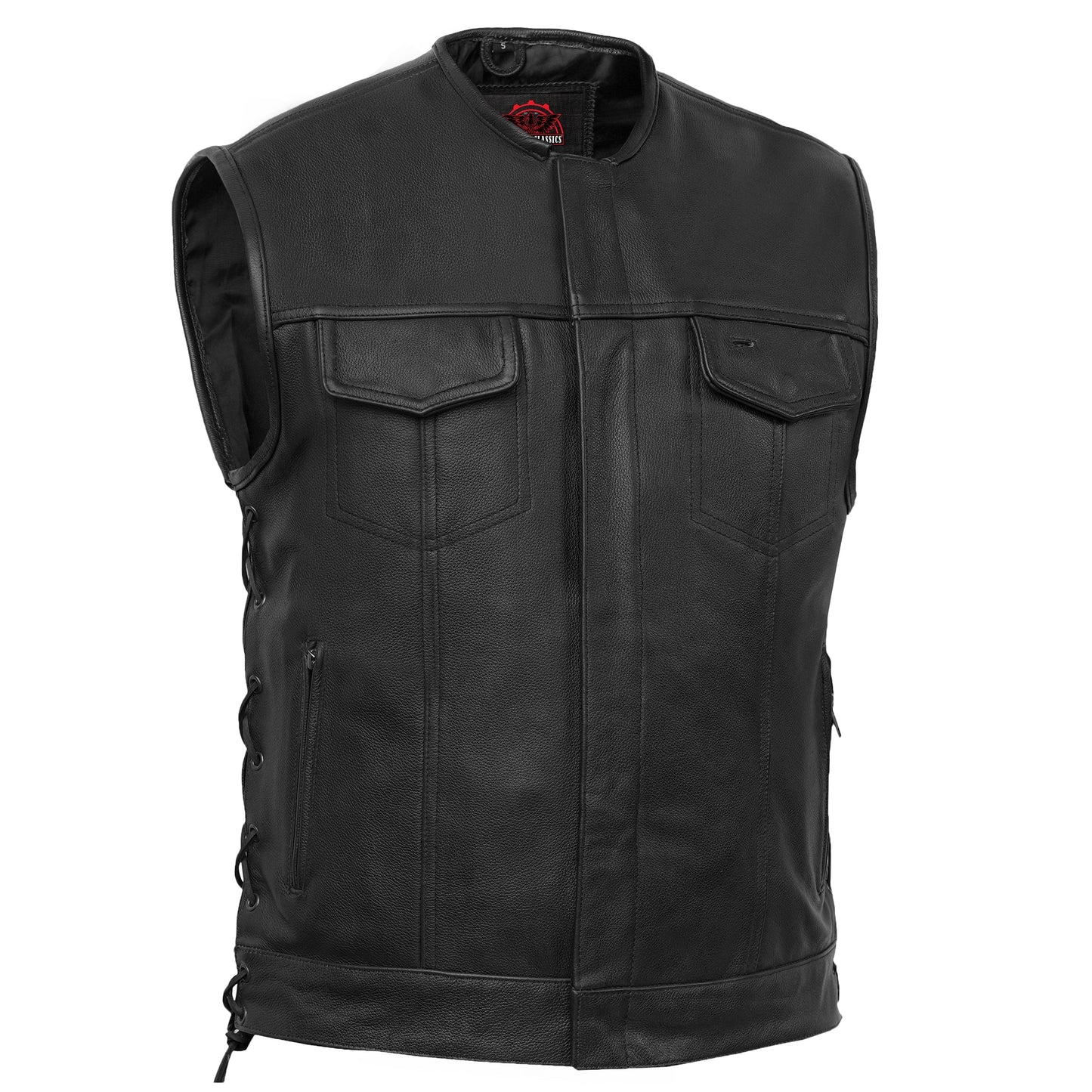 Men's Combat Black motorcycle Leather Vest - Gun Pockets & Side Laces