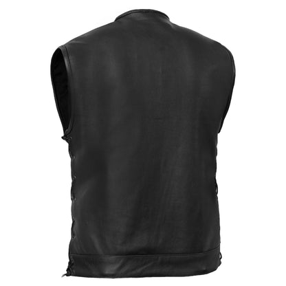 Men's Combat Black motorcycle Leather Vest - Gun Pockets & Side Laces