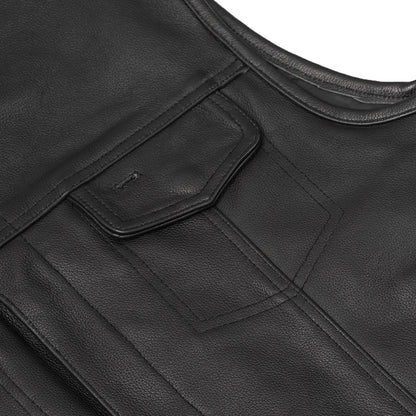 Men's Combat Black motorcycle Leather Vest - Gun Pockets & Side Laces