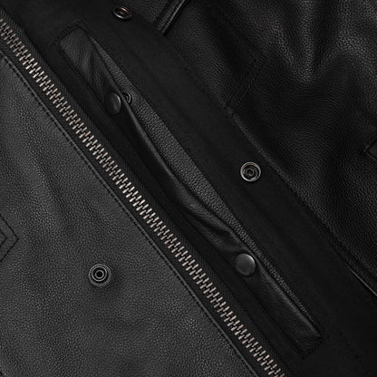 Men's Black Leather Motorcycle Vest with Removable Hood