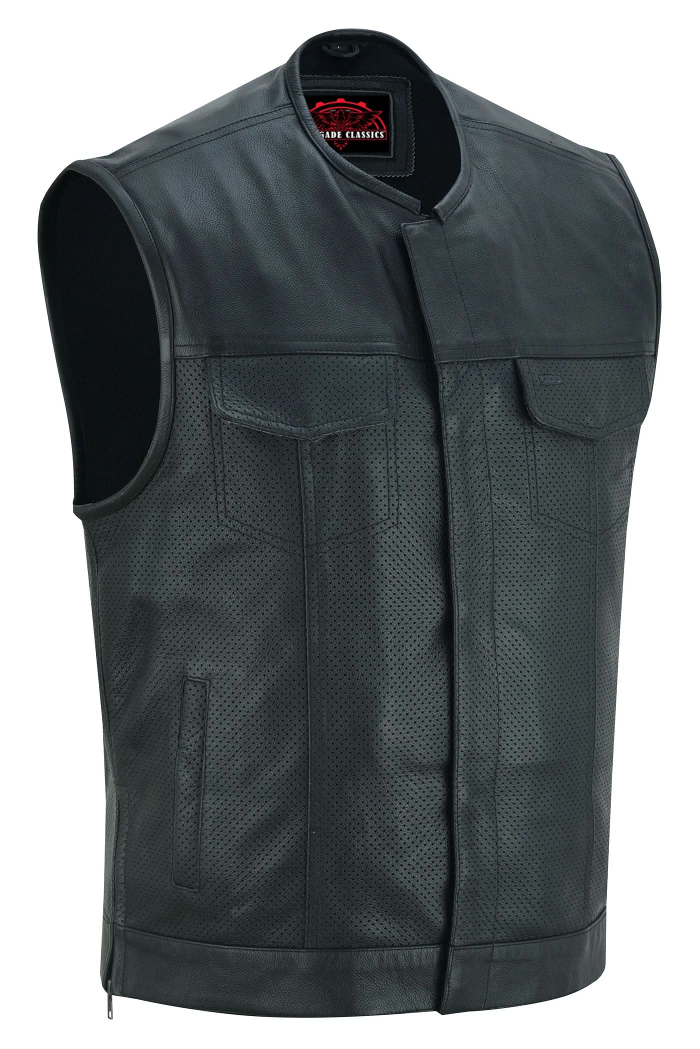 Men's Collarless Perforated Leather Vest - Black