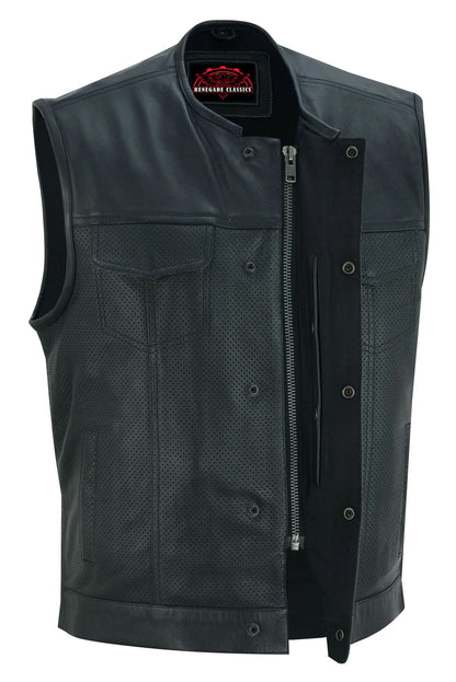 Men's Collarless Perforated Leather Vest - Black