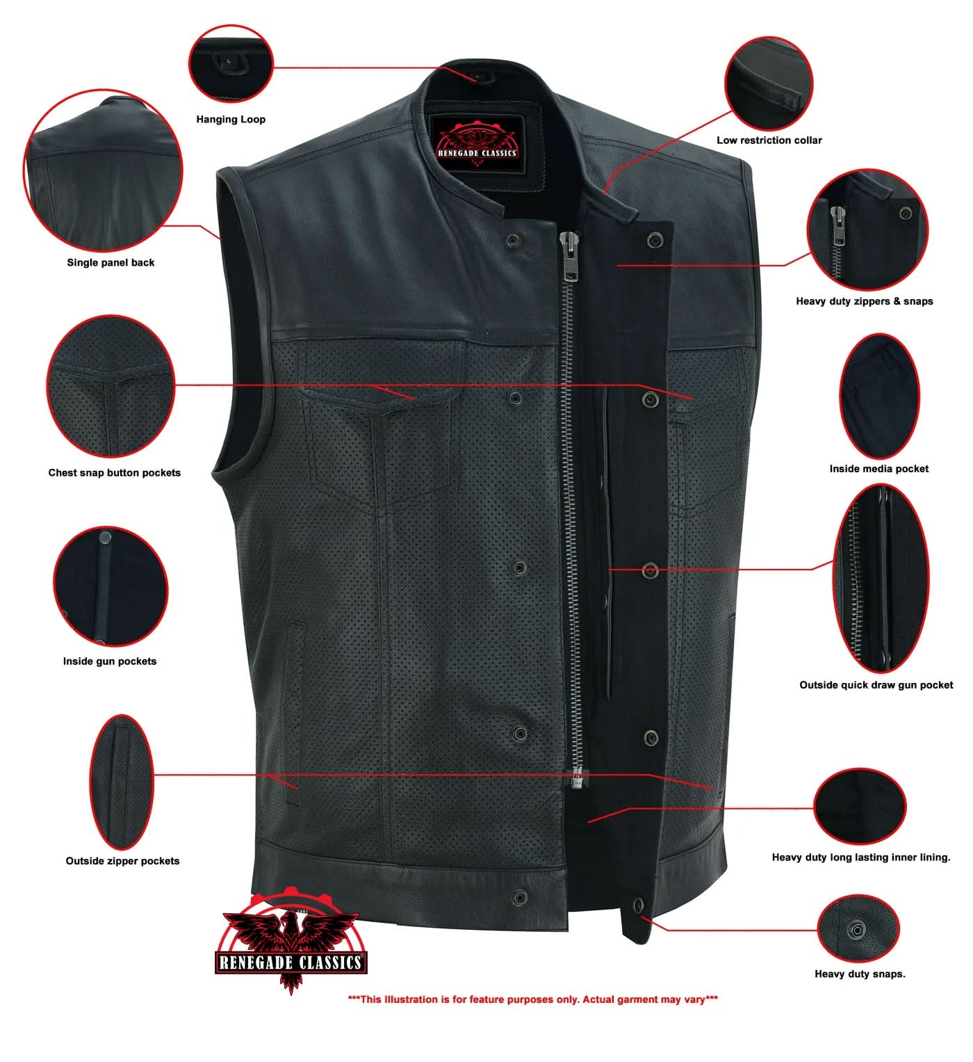 Men's Collarless Perforated Leather Vest - Black