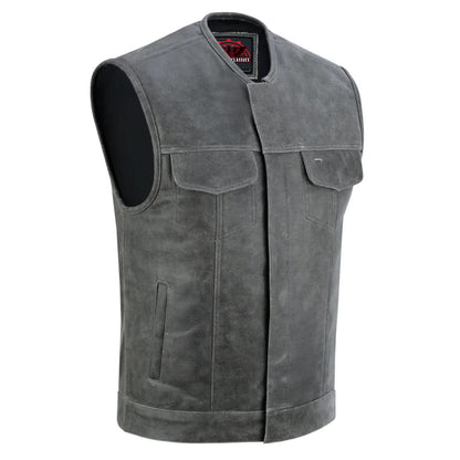 Men's Distressed Gray Cowhide Leather  Motorcycle Vest