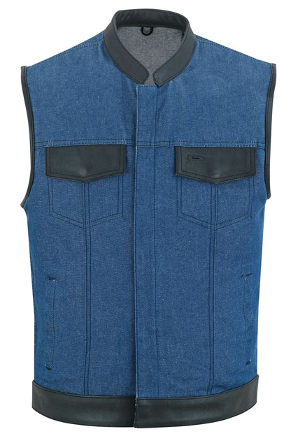 Men's Upgraded Broken Blue Denim Motorcycle Vest w/Leather Trimming