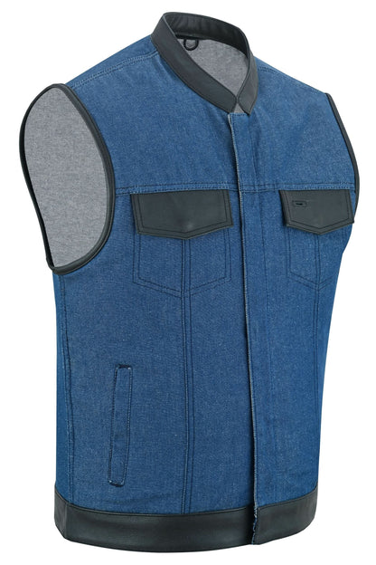 Men's Upgraded Broken Blue Denim Motorcycle Vest w/Leather Trimming