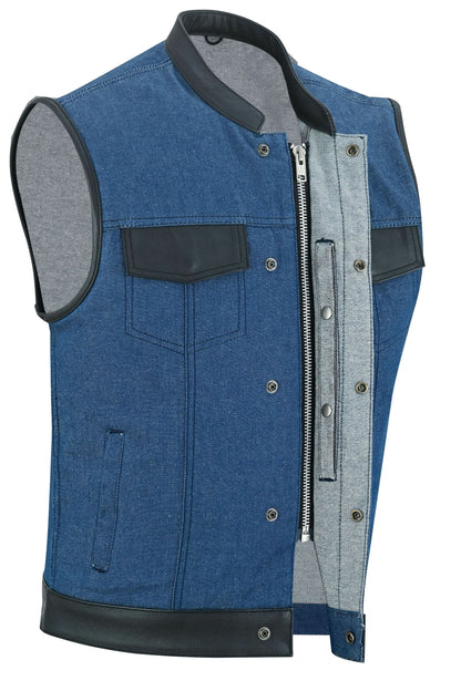 Men's Upgraded Broken Blue Denim Motorcycle Vest w/Leather Trimming