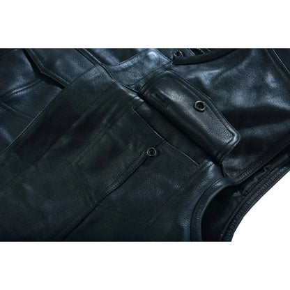Men's Titan Black Leather Vest -  Milled Cowhide, Hidden Zipper