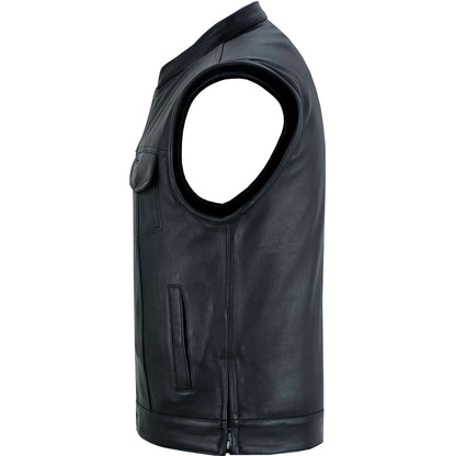 Highway Jack Men's Black Leather Motorcycle Vest Scoop Neck & Snap-Closure Pockets