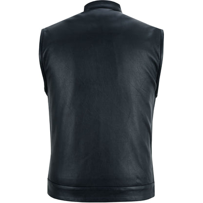 Highway Jack Men's Black Leather Motorcycle Vest Scoop Neck & Snap-Closure Pockets