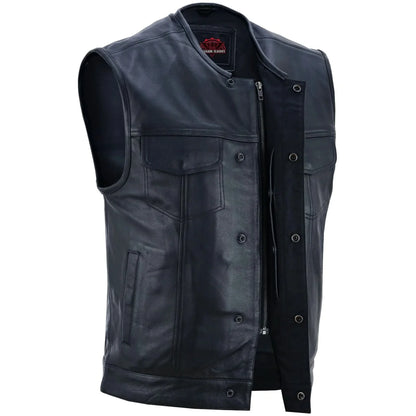 Men's Titan Black Leather Vest -  Milled Cowhide, Hidden Zipper