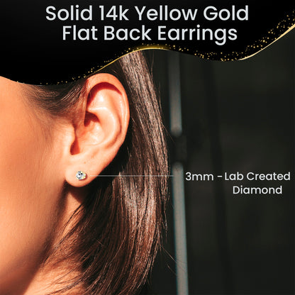 14k Yellow Gold Flat Back Earring with 3mm Lab Grown Diamond Handmade