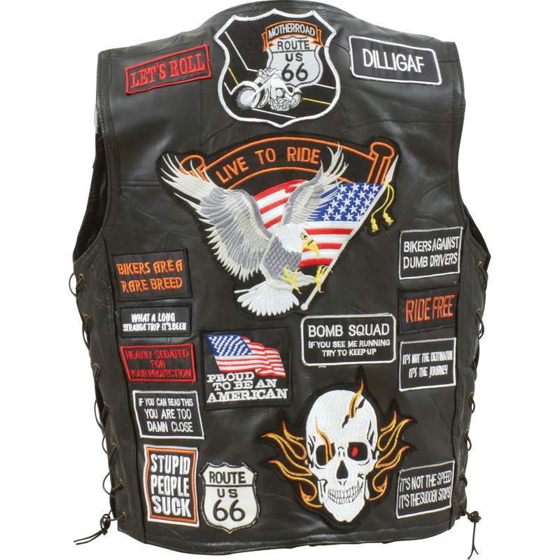 Rock Design Genuine Buffalo Leather Biker Vest with 42 Patches