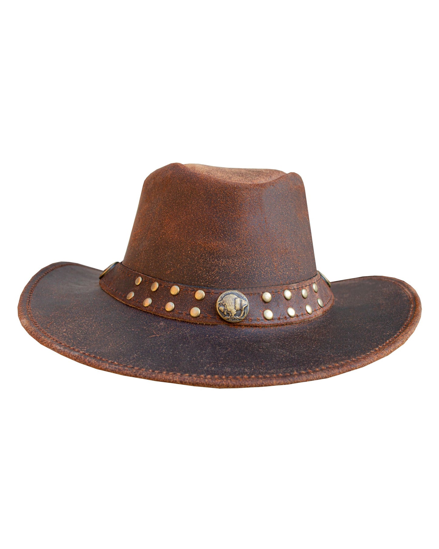 Men's Brown Top-Grain Premium Leather Western Cowboy Studded Hat