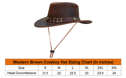 Men's Brown Top-Grain Premium Leather Western Cowboy Studded Hat