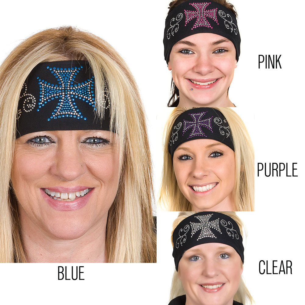 Tie-back Stretchy Rhinestone Bandana Maltese Biker Cross Design, 4 Colors