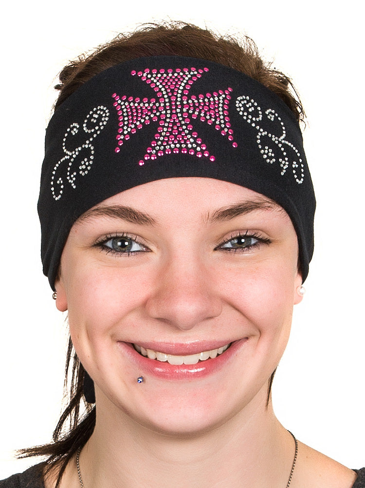 Tie-back Stretchy Rhinestone Bandana Maltese Biker Cross Design, 4 Colors