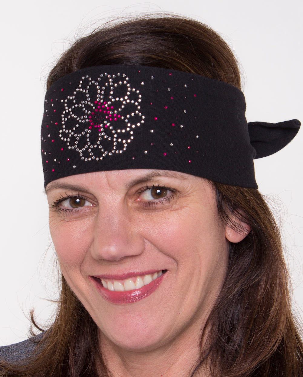 Tie-back Stretchy Rhinestone Bandana Pink and Purple Flower Design