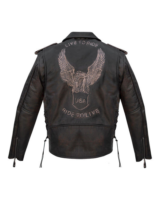 Men's Leather Motorcycle Jacket with Emboss Eagle, Live to Ride, Ride to Live