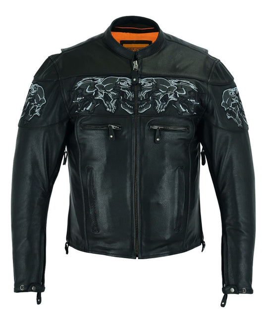 Men's Leather Concealed Carry Racing Jacket with Reflective Skulls Heavy Duty