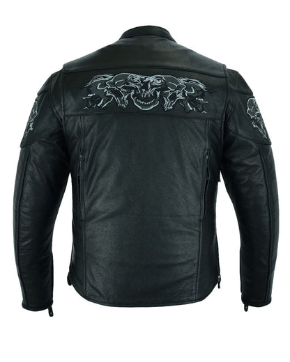 Men's Leather Concealed Carry Racing Jacket with Reflective Skulls Heavy Duty