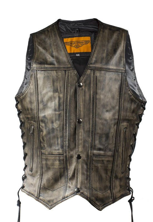 Men's Distressed Brown Motorcycle Vest With 10 Pockets Side Laces