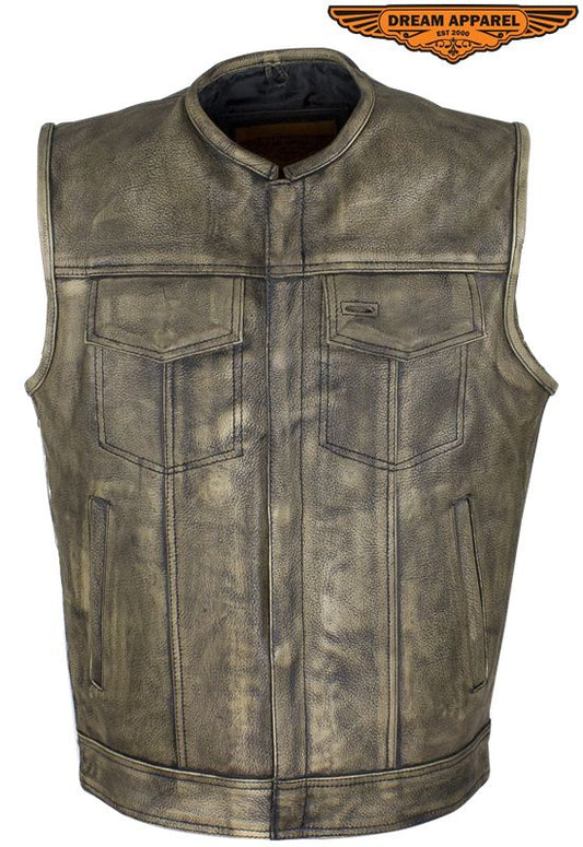 Men's Distressed Brown Leather Motorcycle Club Vest