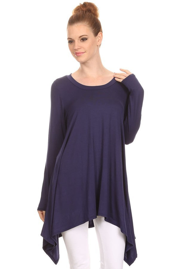 Solid Long Sleeve Relaxed Fit Round Neck Tunic