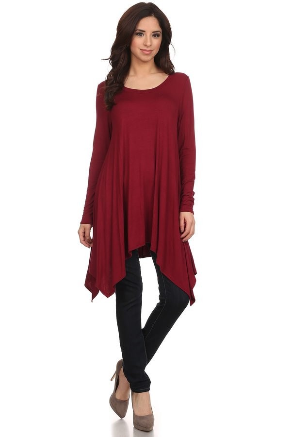 Solid Long Sleeve Relaxed Fit Round Neck Tunic