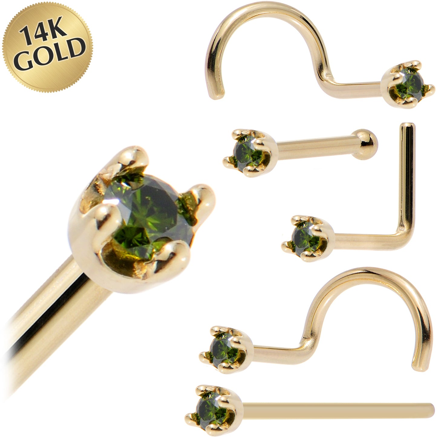 14k Yellow Gold 2mm Lab Grown Green Diamond Nose Ring