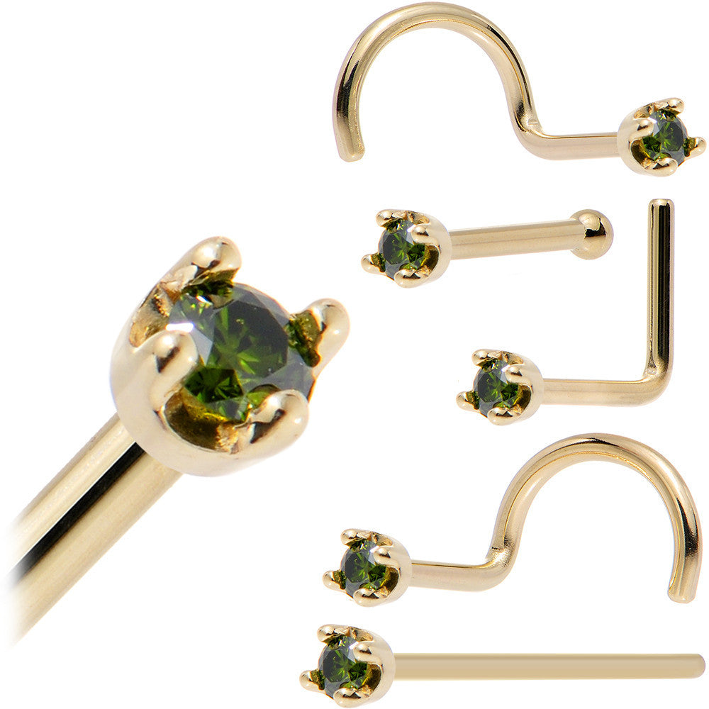 14k Yellow Gold 2mm Lab Grown Green Diamond Nose Ring