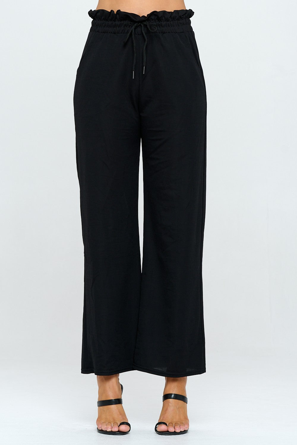 Solid Drawstring Wide Leg Pants BLACK