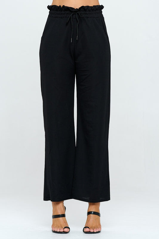 Solid Drawstring Wide Leg Pants BLACK
