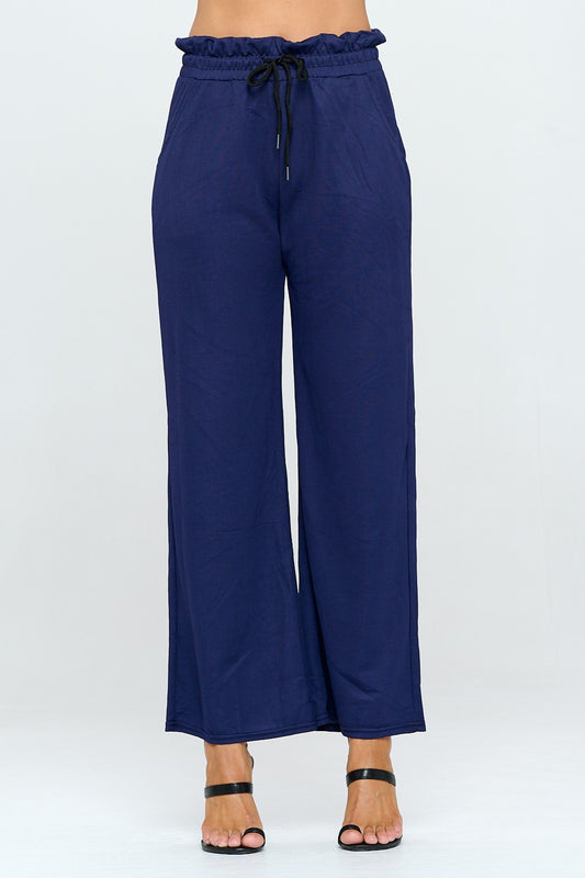 Solid Drawstring Wide Leg Pants NAVY