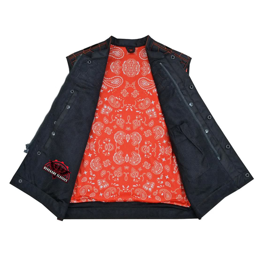 Night Tiger Men's Black Mesh Textile Vest with Orange Diamond Stitch