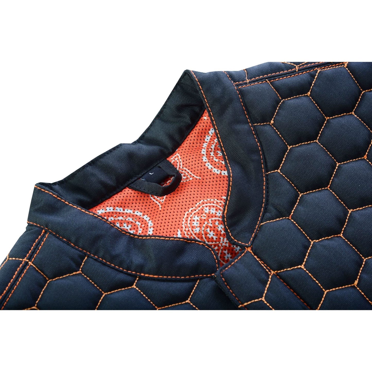 Night Tiger Men's Black Mesh Textile Vest with Orange Diamond Stitch