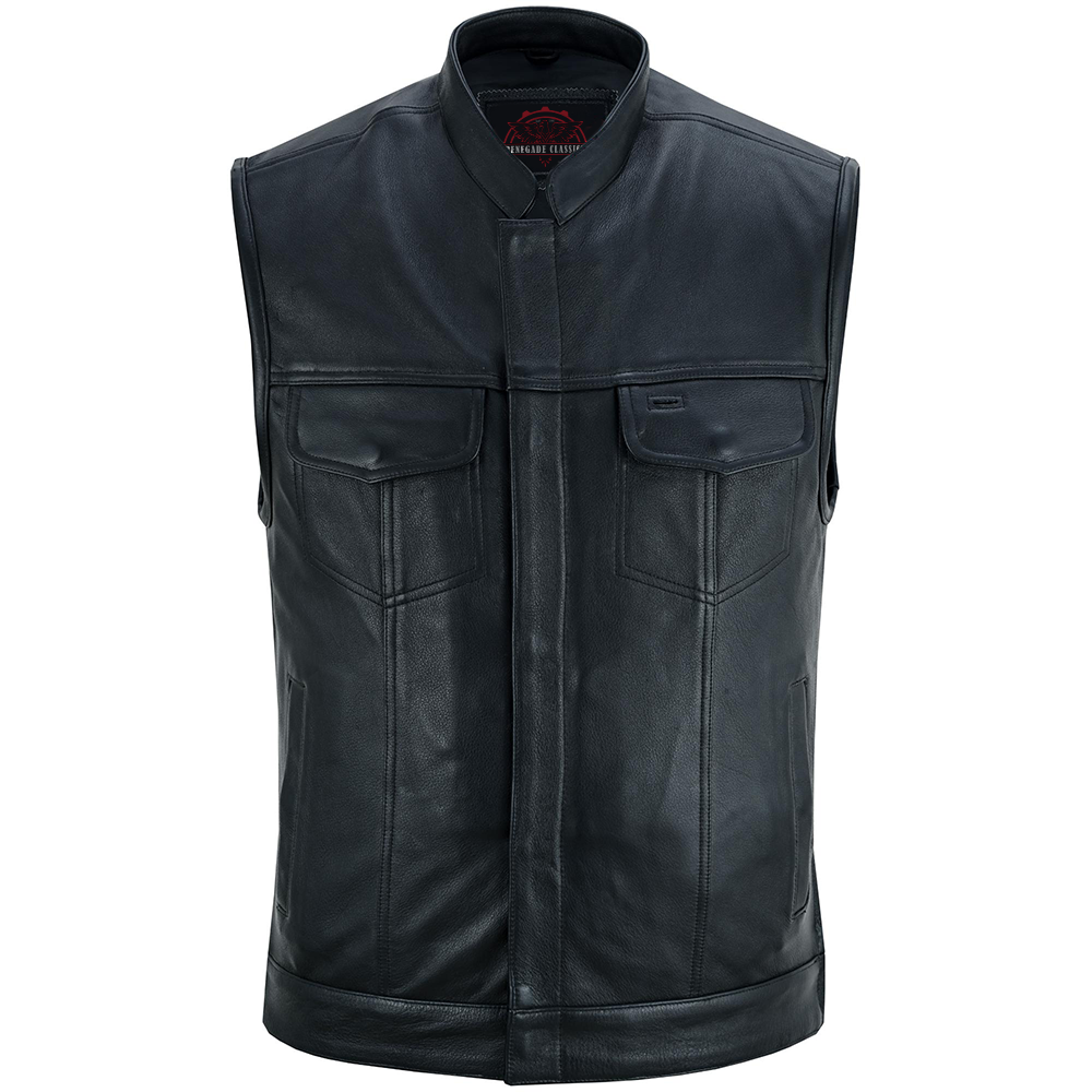 Highway Jack Men's Black Leather Motorcycle Vest Scoop Neck & Snap-Closure Pockets
