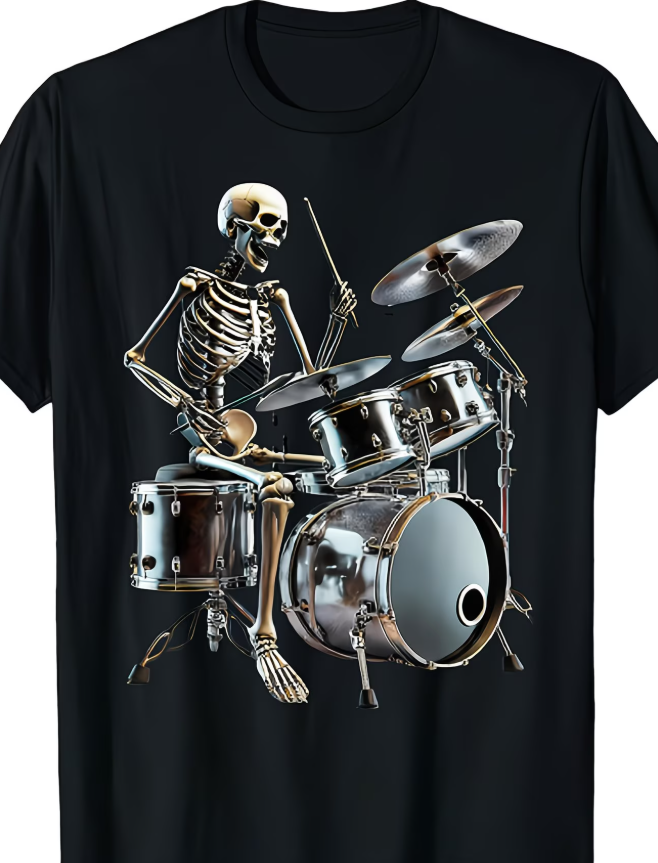 Rocker Skeleton And Skull Playing Drums T-Shirt