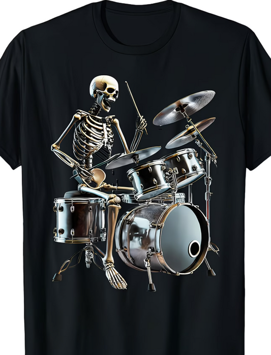Rocker Skeleton And Skull Playing Drums T-Shirt