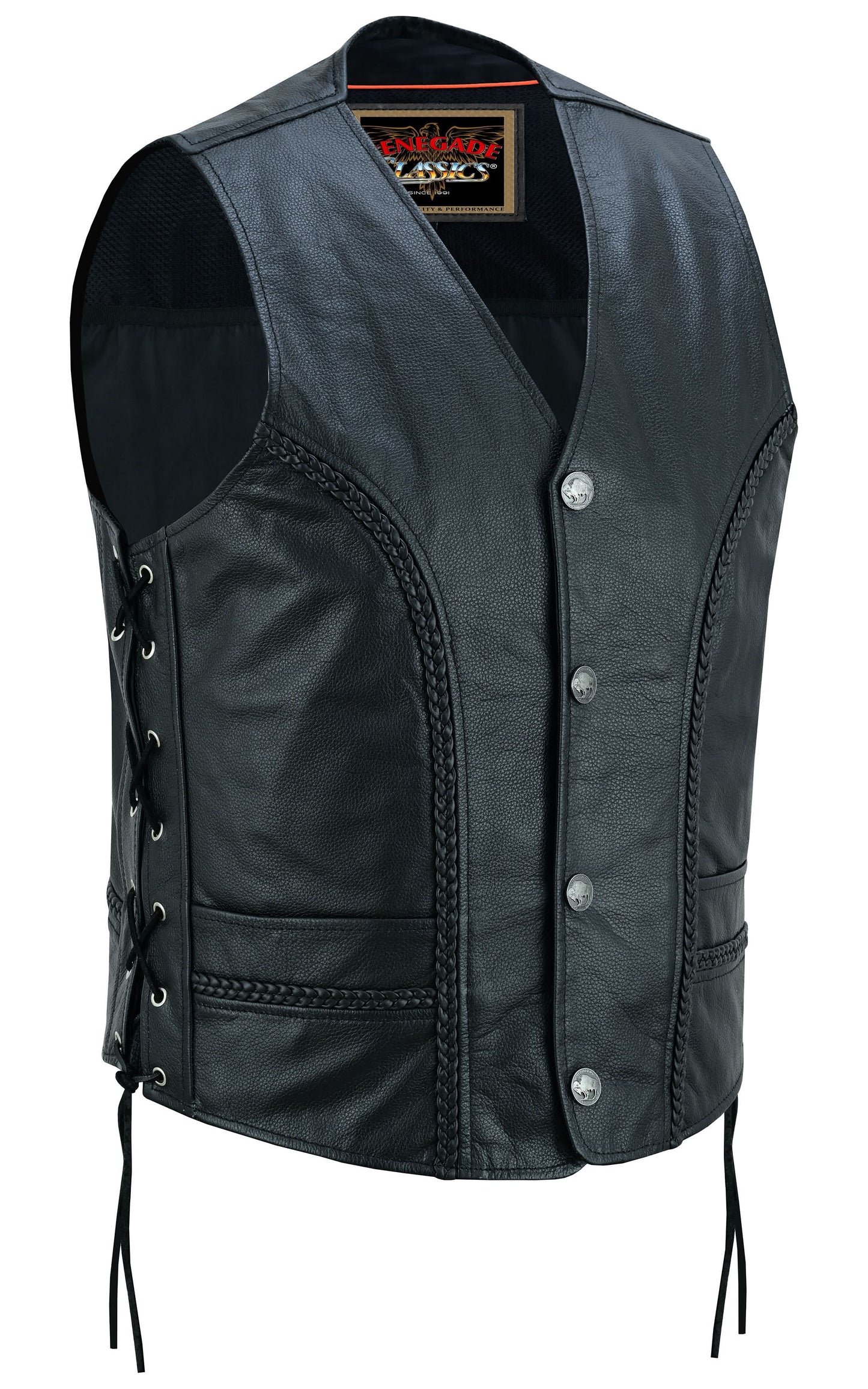 Charlie Men's Black Braided Leather Motorcycle Vest & Lace-Up Sides