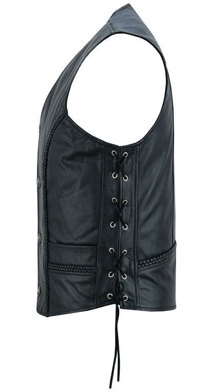 Charlie Men's Black Braided Leather Motorcycle Vest & Lace-Up Sides