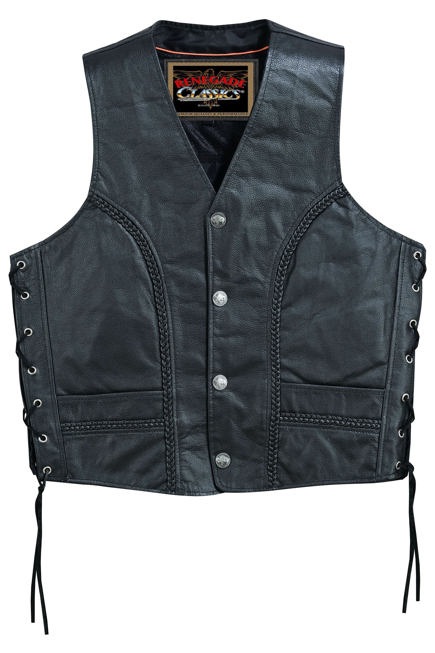 Charlie Men's Black Braided Leather Motorcycle Vest & Lace-Up Sides