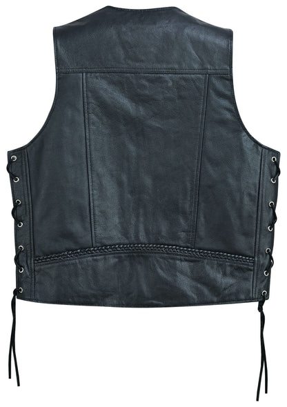 Charlie Men's Black Braided Leather Motorcycle Vest & Lace-Up Sides