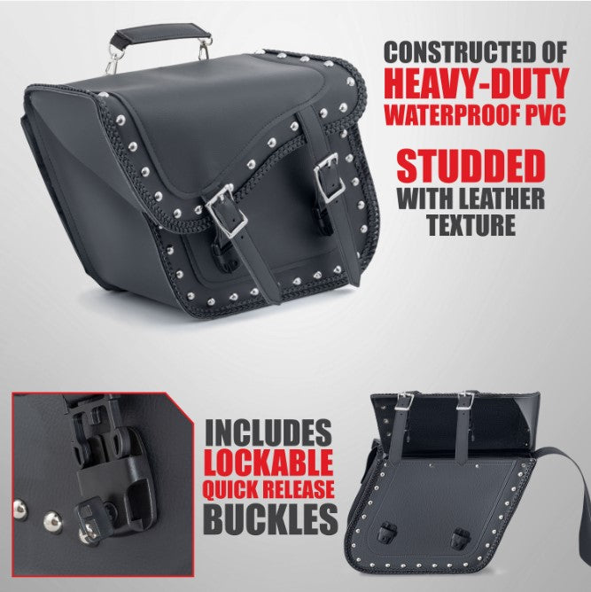 2pc Heavy-Duty Waterproof PVC with Studs and Braided Trim Motorcycle Saddlebag Set