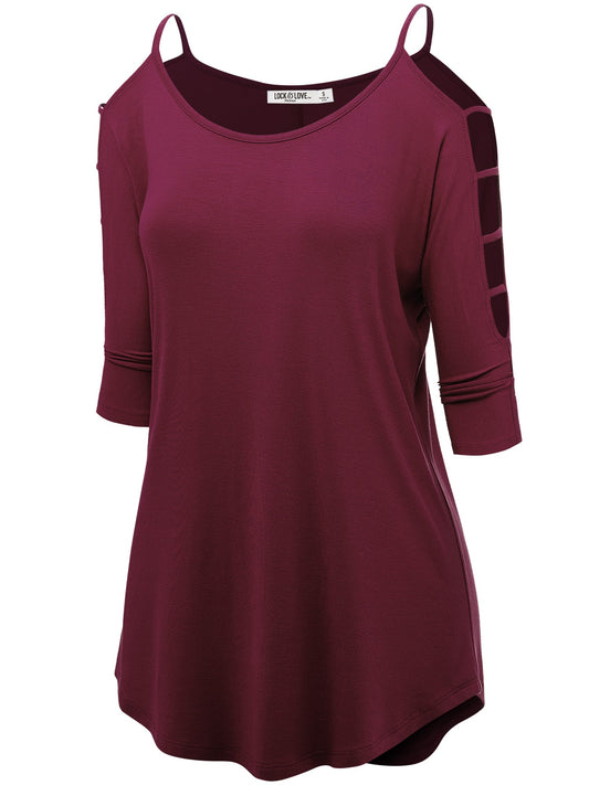 Casual Hollowed Out Shoulder 3/4 Sleeve - Wine