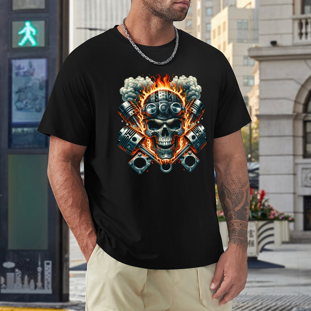 Flaming Skull and Pistons Men's T-shirt 100% Cotton