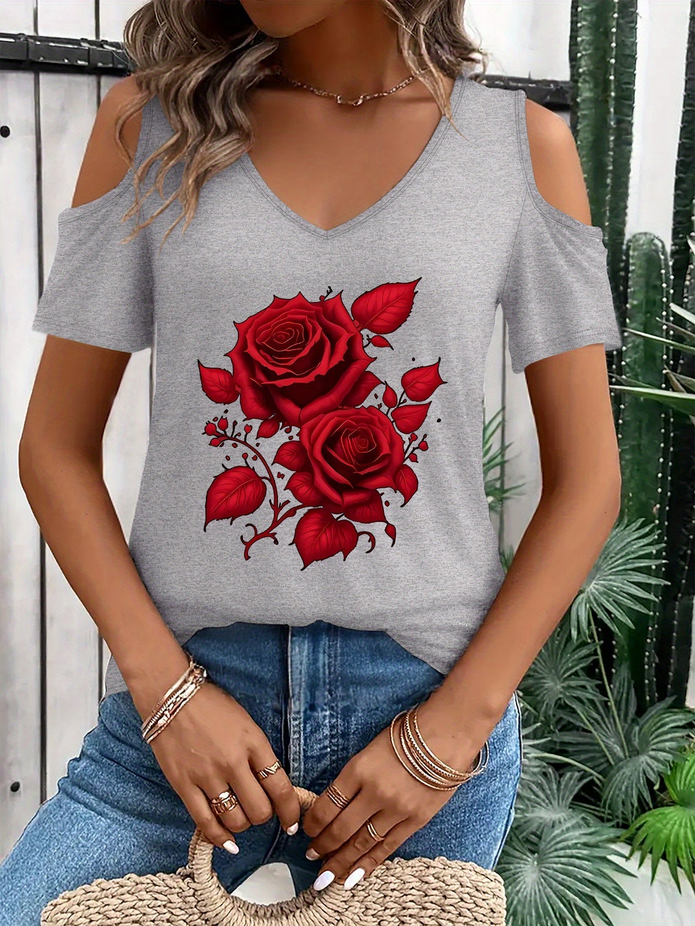 Red Rose Off Shoulder Tee