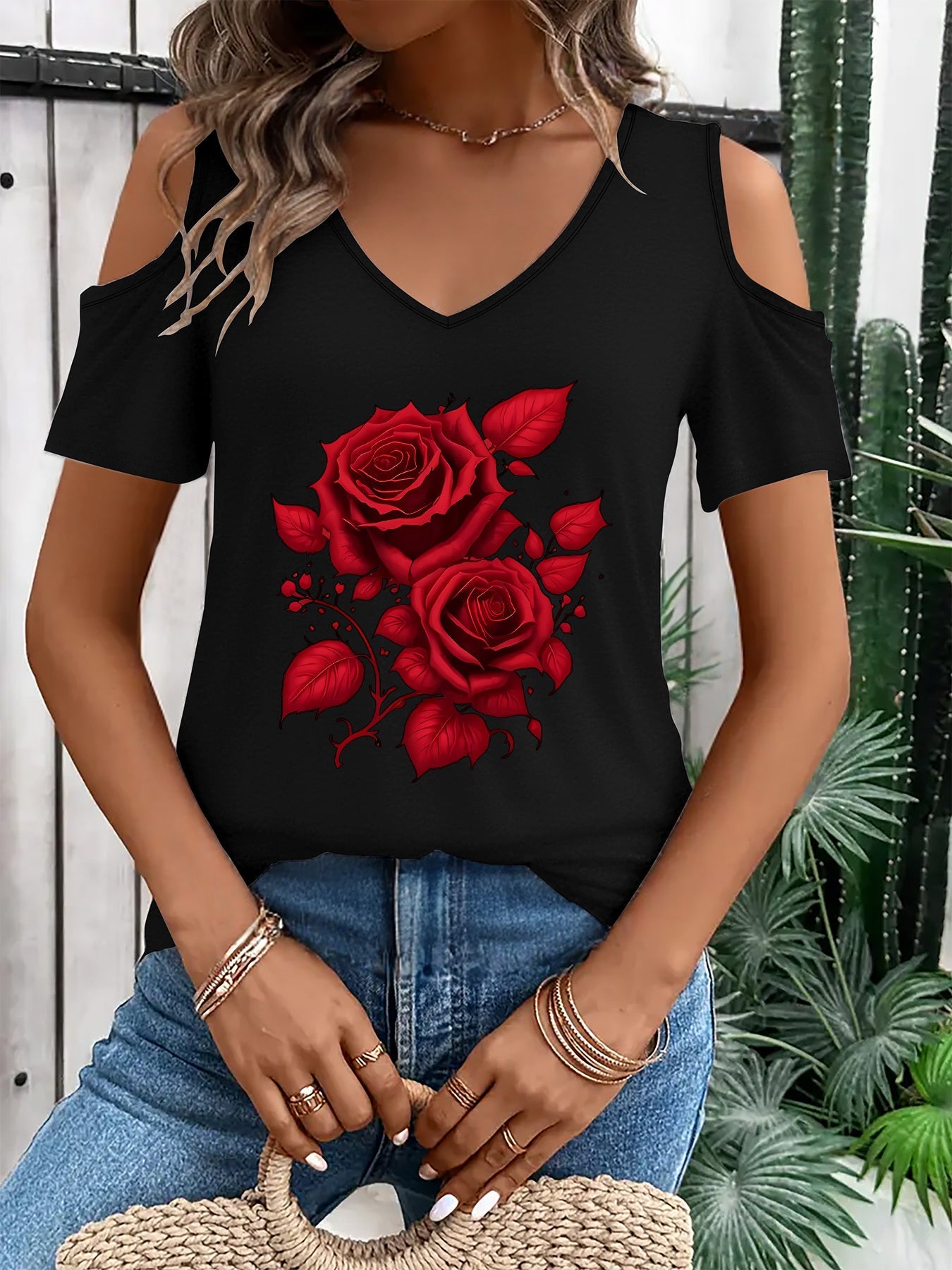 Red Rose Off Shoulder Tee