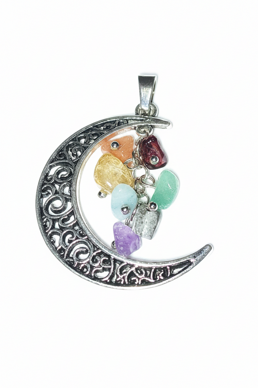 Silver Crescent Moon Chakra Pendant Necklace